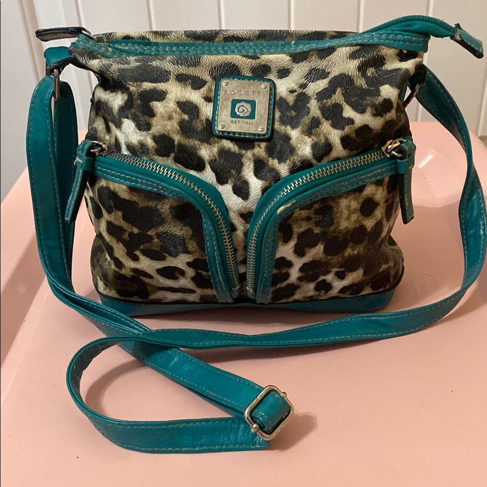 Rosetti Teal Trim Leopard Print Crossbody Bag